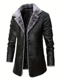 kkboxly  Plus Size Men's Lapel Faux Leather Business Coat Plush Fashion Leather Jacket, For Autumn And Winter, Confortable & Warm Style