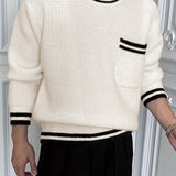 kkboxly  Crew Neck Knitted Striped Cuff Sweater, Men's Casual Warm Chest Pocket Slightly Stretch Pullover Sweater For Fall Winter