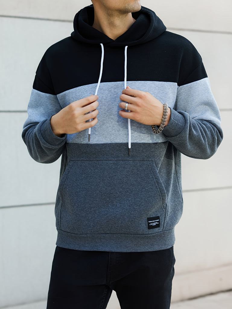kkboxly  Cool Color Block Hoodies For Men, Men's Casual Design Hooded Sweatshirt With Kangaroo Pocket Streetwear For Winter Fall, As Gifts