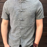 kkboxly  Plus Size Men's Chinese Style Men Shirt Stand Collar Short Sleeve Button Casual Loose Tops Solid Color Vintage Tang Suit Shirts