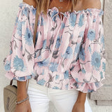 kkboxly  Off Shoulder Floral Print Blouse, Casual Ruffle Trim Blouse, Women's Clothing