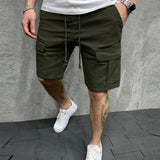 kkboxly  Mens Casual Non Stretch Loose Fit Drawstring Cotton Cargo Shorts With Pockets, Male Clothes For Summer