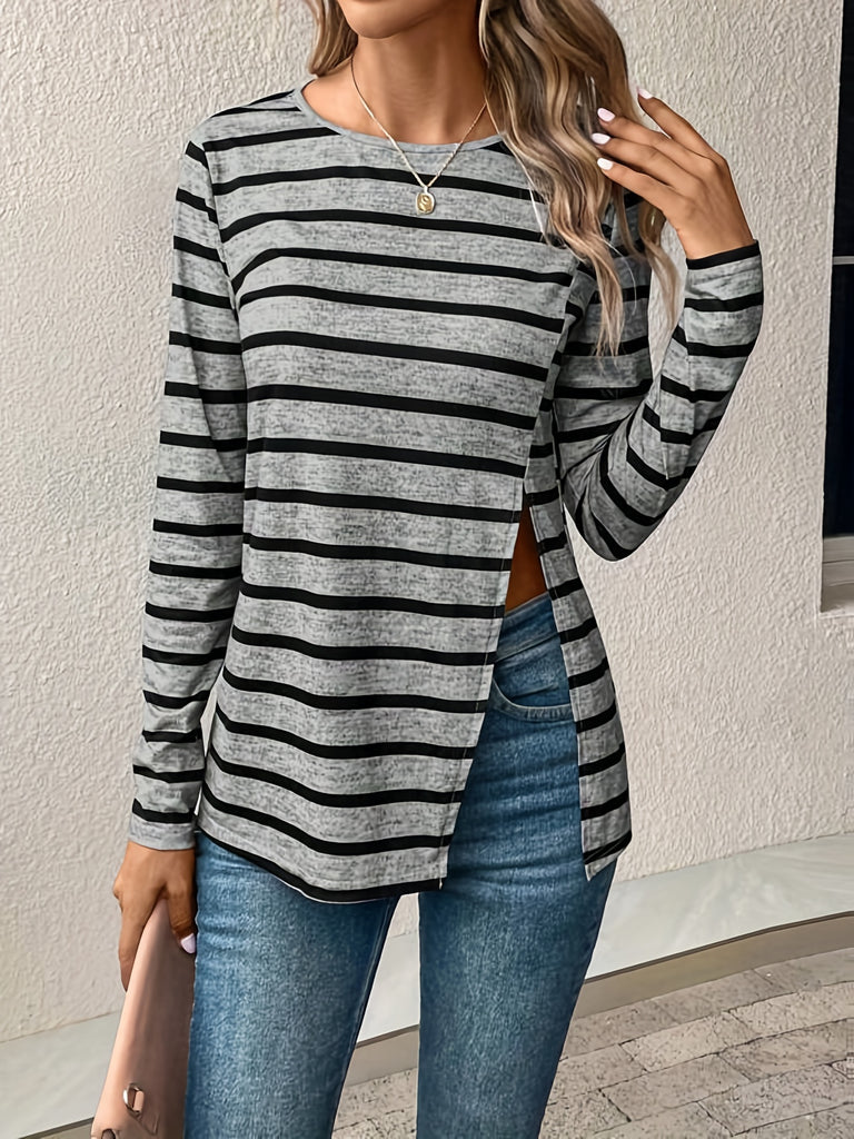 kkboxly  Stripe Print Slit Hem T-Shirt, Casual Long Sleeve Top For Spring & Fall, Women's Clothing