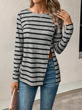 2025 kkboxly  Stripe Print Slit Hem T-Shirt, Casual Long Sleeve Top For Spring & Fall, Women's Clothing