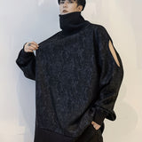 kkboxly  Men's Fashion Loose Sweatshirt, Vintage Slightly Stretch Breathable Stand Collar Hollow Sleeve Loose Top For Outdoor