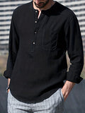 kkboxly  Cotton Linen Tops, Men's Plus Size Loose Casual Streetwear With Pocket, Simple All-match Solid O-Neck Long Sleeve Shirts