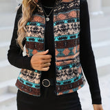 Allover Print Zip Up Vest Jacket, Casual Sleeveless Plush Jacket For Spring & Fall, Women's Clothing