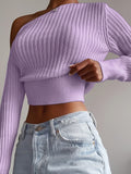 Ribbed Asymmetrical Neck Knit Crop Sweater, Sexy Cold Shoulder Long Sleeve Pullover Sweater, Women's Clothing