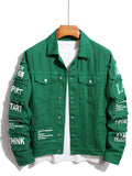 kkboxly  Men's Letter Print Denim Jacket, Casual Street Style Denim Jacket