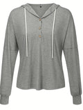 kkboxly  Drawstring Button Front Hoodie, Casual Long Sleeve Hoodies, Women's Clothing