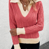 kkboxly  Color Block Cable Knit Pullover Sweater, Casual V Neck Long Sleeve Sweater, Women's Clothing