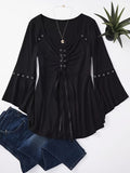 kkboxly  Tie Front V Neck T-Shirt, Casual 3/4 Sleeve Top For Spring & Fall, Women's Clothing