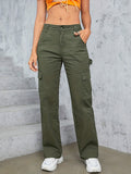 kkboxly  Plain Flap Pockets Cargo Pants, Loose Fit High Waist Wide Legs Sports Straight Jeans, Women's Activewear