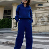 kkboxly  Casual Solid Two-piece Set, Zipper Front Long Sleeve Top & Slant Pocket Wide Leg Pants Outfits, Women's Clothing