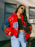 Graphic Print Stand Collar Jacket, Street Wear Long Sleeve Button Front Outerwear, Women's Clothing