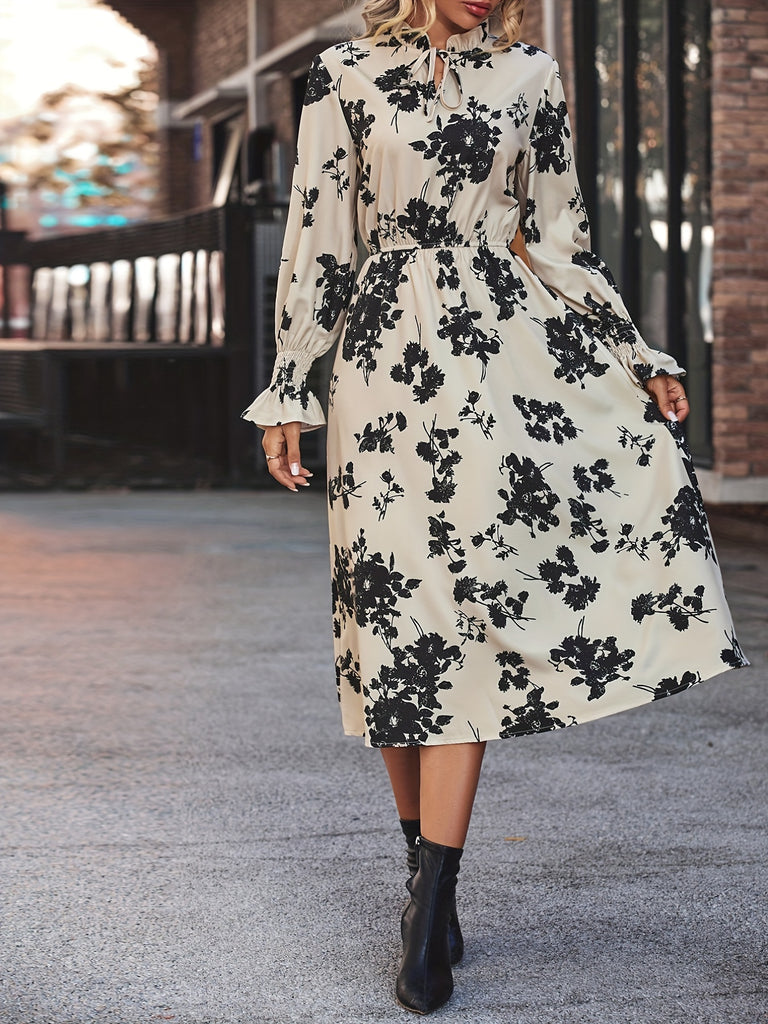 kkboxly  Floral Print Tie Front Dress, Elegant Cinched Waist Long Sleeve Dress, Women's Clothing