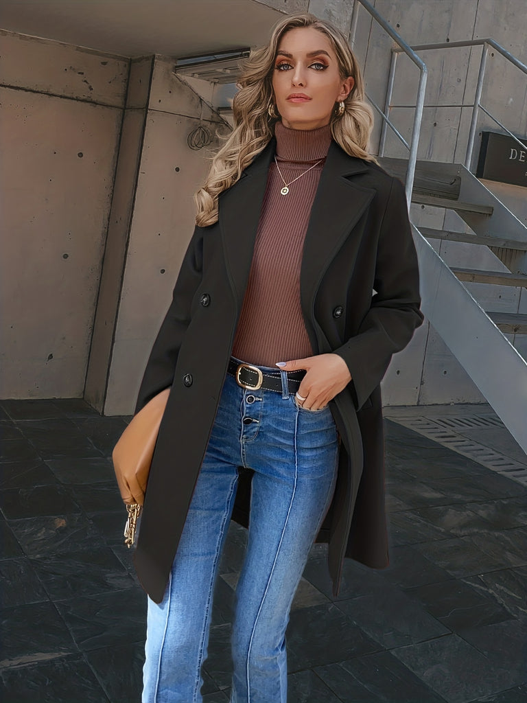 Solid Double Breasted Coat, Casual Lapel Long Sleeve Versatile Overcoat, Women's Clothing