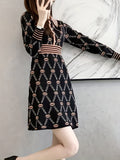kkboxly  Chain Print Button Front Dress, Elegant Long Sleeve Dress, Women's Clothing
