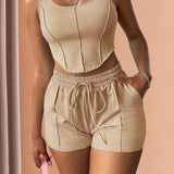 kkboxly  Solid Casual Two-piece Set, Crew Neck Corset Tank Top & Drawstring Elastic Waist Shorts Outfits, Women's Clothing