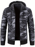 kkboxly  Warm Fleece Camouflage Pattern Hooded Jacket, Men's Casual Zipper Pockets Slightly Stretch Sweatshirt Jacket For Fall Winter