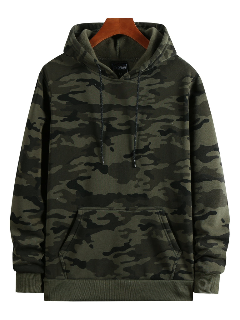 kkboxly  Men's Camo Loose Pullover Hooded Fleece Sweatshirt For Autumn And Winter