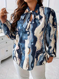 All Over Print Tie Neck Blouse, Casual Long Sleeve Blouse For Spring & Fall, Women's Clothing