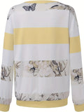 kkboxly  Floral Print Striped Zipper Pullover Sweatshirt, Casual Long Sleeve Sweatshirt For Fall & Winter, Women's Clothing
