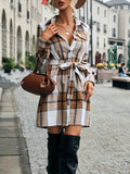 kkboxly  Plus Size Casual Coat, Women's Plus Plaid Print Button Up Long Sleeve Turn Down Collar Shacket With Belt