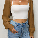 Solid Loose Crop Cardigan, Casual Long Sleeve Cardigan For Spring & Fall, Women's Clothing