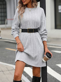 Solid Knitted Above Knee Dress, Casual Crew Neck Long Sleeve Dress, Women's Clothing