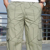 Geometric Pattern Cotton Cargo Shorts, Men's Casual Multi Pocket Waist Drawstring Cargo Shorts For Summer Outdoor