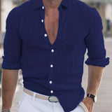 Men's Shirt Top Cotton & Linen Blend Turn-Down Collar Long Sleeves Closure Regular Fit Solid Color Male Casual Shirt For Daily
