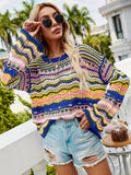 kkboxly  Hollow Striped Knit Sweater, Casual Crew Neck Long Sleeve Sweater, Women's Clothing