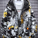 kkboxly  Spring And Autumn Men's Fashion Graffiti Mid Length Windbreaker Popular Hooded And Handsome Men's Jacket Popular Versatile Men's And Women's Same Windbreaker Jacket