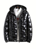 kkboxly  Men's Casual Warm Padded Jacket, Zip Up Hooded Warm Thick Glossy Coat For Fall Winter