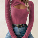 Cut Out Twist Ribbed Knit Sweater, Casual Long Sleeve Slim Fall Winter Knit Sweater, Women's Clothing