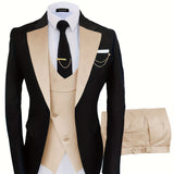 kkboxly  Formal 3 Pieces Set, Men's One Button Suit Jacket & Vest & Pants Suit Set For Business Dinner Wedding Party