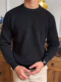 Warm Texture Knitted Sweater, Men's Casual Solid Color Slightly Stretch Round Neck Pullover Sweater For Fall Winter