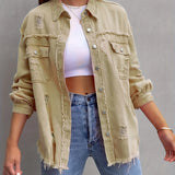 Raw Hem Ripped Distressed Denim Jacket, Flap Pockets Long Sleeves Street Style Single-Breasted Denim Coat, Women's Denim Jeans & Clothing