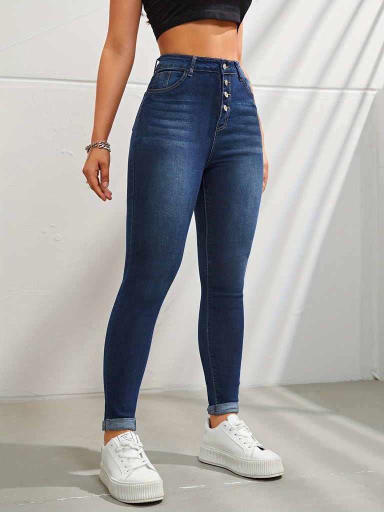kkboxly  Dark Blue Versatile Skinny Jeans, Slim Fit Slash Pockets Single-Breasted Button Casual Denim Pants, Women's Denim Jeans & Clothing