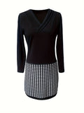 kkboxly  Houndstooth Print V Neck Dress, Casual Long Sleeve Slim Dress, Women's Clothing