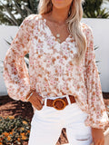 kkboxly   Floral Print Long Sleeve Blouse, V Neck Random Print Casual Top, Women's Clothing