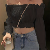 Off Shoulder Ruffle Trim Blouse, Long Sleeve Casual Crop Top, Women's Clothing