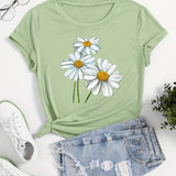 kkboxly  Cute Daisy Print T-Shirt, Short Sleeve Crew Neck Casual Top For All Season, Women's Clothing