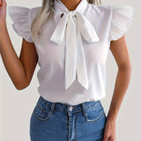 kkboxly Tie Neck Cap Sleeve Blouse, Casual Solid Ruffle Trim Blouse, Women's Clothing