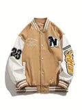 kkboxly Loose Fit Varsity Jacket, Men's Casual Color Block Button Up Jacket For Spring Fall School Baseball