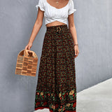 kkboxly  Boho Ditsy Floral Print High Waist Skirt, Boho Pleated Drawstring A Line Skirt, Women's Clothing