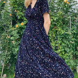 kkboxly  Floral Print V Neck Boho Dress, Slim Short Sleeve Casual Party Dress For Summer & Spring, Women's Clothing