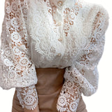 kkboxly  Women's Blouse Lace Puff Sleeve Lantern Sleeve Solid Pleated Women Blouse