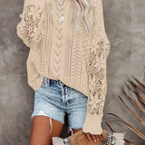 kkboxly  Contrast Lace Eyelet Knit Sweater, Casual Crew Neck Long Sleeve Sweater, Women's Clothing